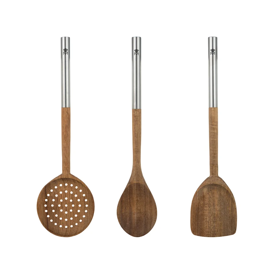 Set de tres utensilios: cuchara de mesa, espátula y espumadera